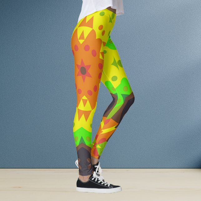 Retro Mandala Blume Orange Gelb und Grün Leggings (Von Creator hochgeladen)