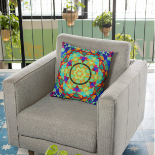 Retro-Mandala-Blume Orange Rot und Blau Kissen