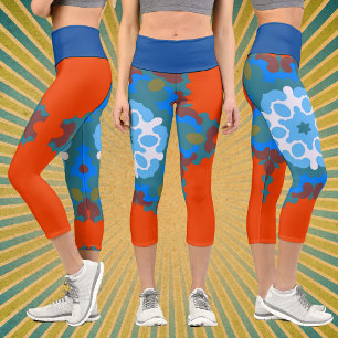 Retro-Mandala-Blume Orange Weiß und Blau Capri Leggings