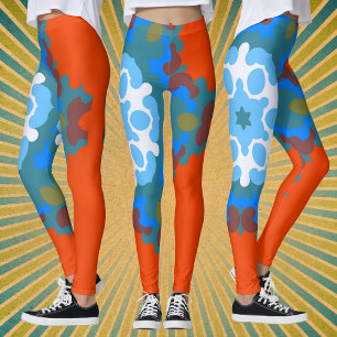 Retro-Mandala-Blume Orange Weiß und Blau Leggings