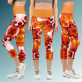 Retro Mandala Blume Orange White und Gelb Capri Leggings