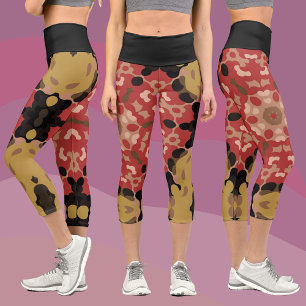 Retro Mandala Blume Rot und Braun Capri Leggings