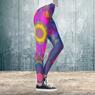 Retro Mandala Flower Pink Purple Blue and Yellow Leggings
