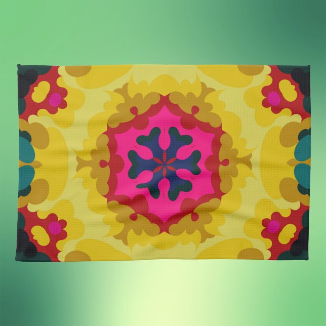 Retro Mandala Gelb Blau und Rosa Geschirrtuch (Von Creator hochgeladen)