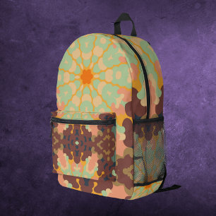 Retro Mandala Green Orange und Gelb Bedruckter Rucksack