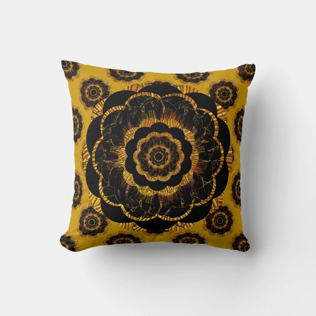 Retro Mandala-Hippie-Kissen - schwarzer Goldsenf Kissen (Vorderseite)