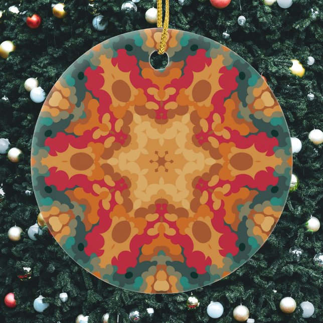 Retro Mandala Orange Gelb und Blau Keramik Ornament (Red Orange and Blue Retro Mandala Christmas Ornament from Wormhole Orbital)
