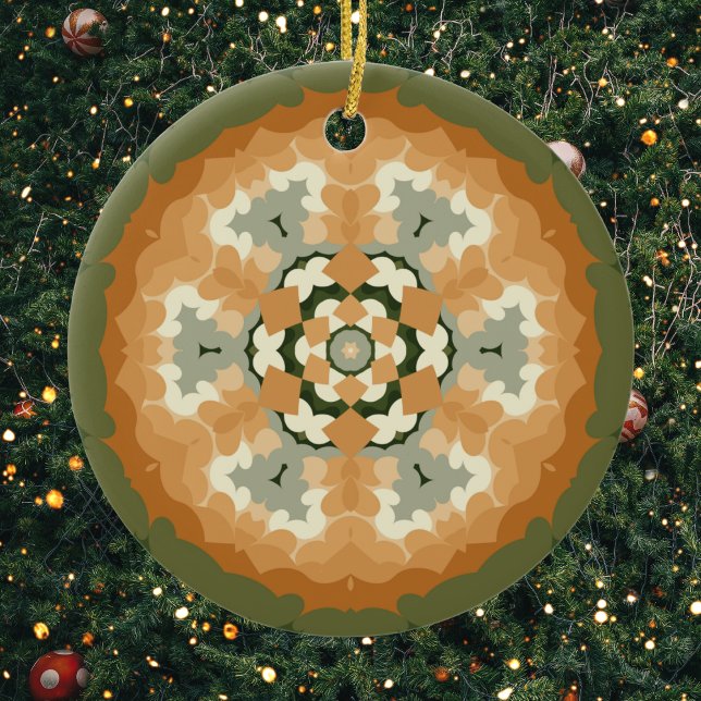 Retro Mandala Orange Green und White Keramik Ornament (Green and Orange Retro Mandala Ornament by Wormhole Orbital)