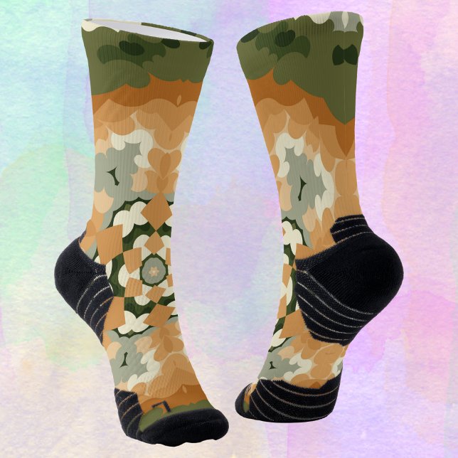 Retro Mandala Orange Green und White Socken (Von Creator hochgeladen)