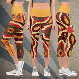 Retro Mandala Red Orange und Brown Capri Leggings