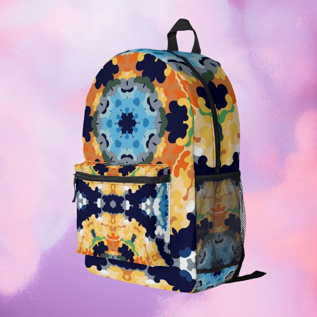 Retro Mandala Yellow Blue und Orange Bedruckter Rucksack (Von Creator hochgeladen)
