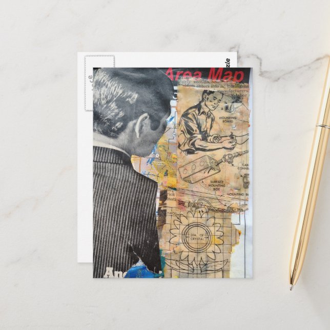 Retro-Mann arbeitet Mixed-Media-Collage Postkarte (Vorderseite/Rückseite Beispiel)