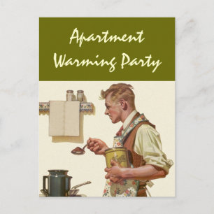 Retro-Mann beim Kaffee kochen zur Einweihungsparty Einladungspostkarte