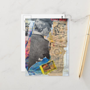 Retro-Mann, der Mixed-Media-Collage arbeitet Postkarte