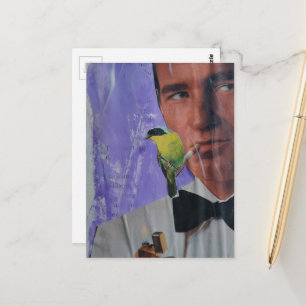 Retro-Mann raucht und eine süße kleine Vogel-Colla Postkarte