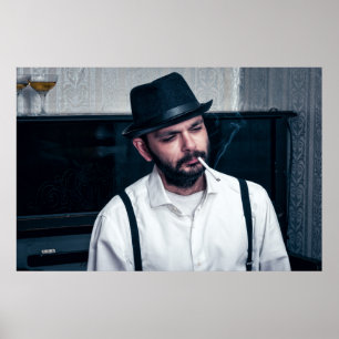 Retro-Mann spielt Klavier und raucht Poster