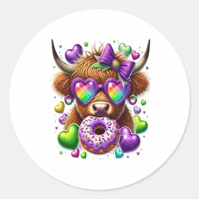 Retro Mardi Gras Png, Highland Cow Runder Aufkleber (Vorderseite)