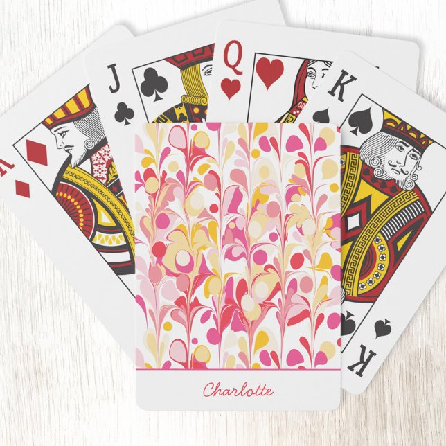 Retro Marmor Abstraktes Muster Rosa Personalisiert Spielkarten (Retro marble pink orange and yellow pattern personalized name playing cards)