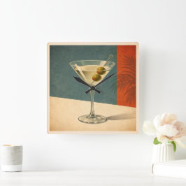 Retro-Martini-Cocktail-Wanduhr Mid Century Bar Quadratische Wanduhr