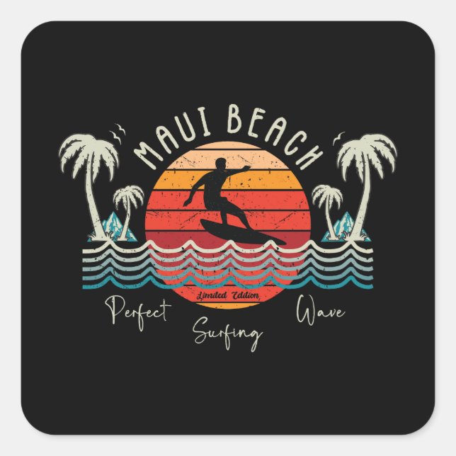 Retro Maui Beach Surfing Quadratischer Aufkleber (Vorderseite)