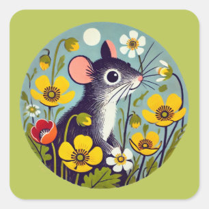Retro-Maus mit Butterblumen  Quadratischer Aufkleber