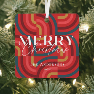 Retro Maximalist Geometric Red Christmas Foto Ornament Aus Metall