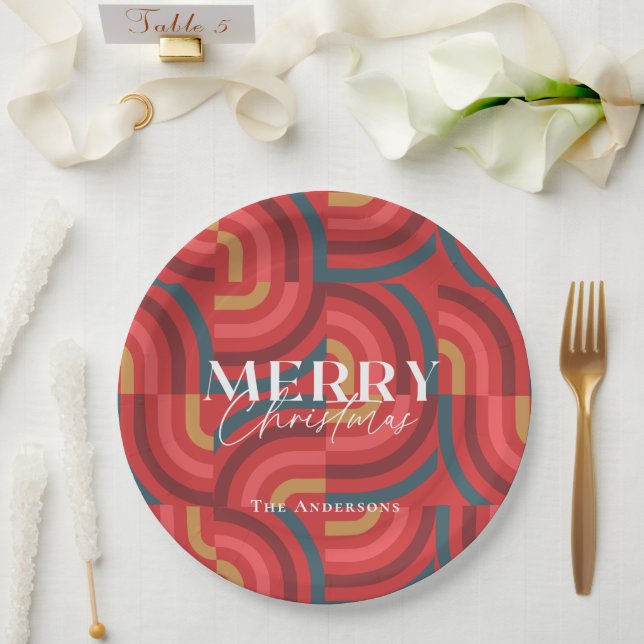 Retro Maximalist Geometric Red Christmas Pappteller (Hochzeit)