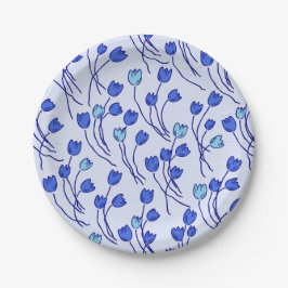 Retro Meadow Sketchy Floral Party Blue Delft Pappteller