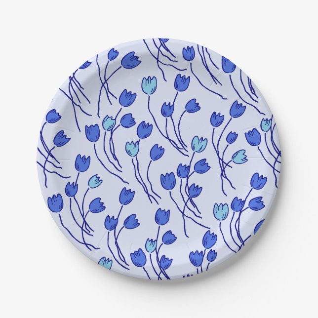 Retro Meadow Sketchy Floral Party Blue Delft Pappteller (Vorderseite)