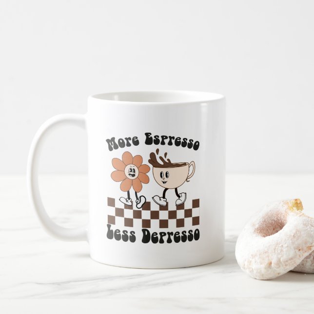 Retro meinte "Mehr Espresso weniger Depresso" Tass Kaffeetasse (Mit Donut)