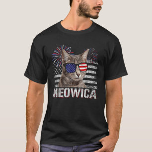 Retro Meowica Katze Sonnenbrille USA-Flagge Feuerw T-Shirt