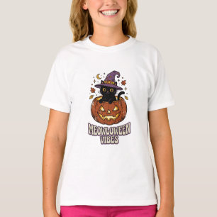 Retro Meowloween Stimmung Schwarze Katze Hexe Kürb T-Shirt