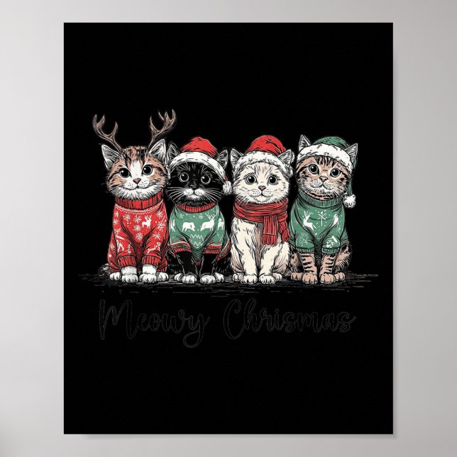 Retro Meowy Christmas Cute Cats With Santa Claus H Poster (Vorne)
