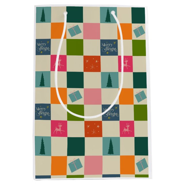 Retro Merry and Bright Christmas Wrapping Paper Mittlere Geschenktüte (Vorderseite)
