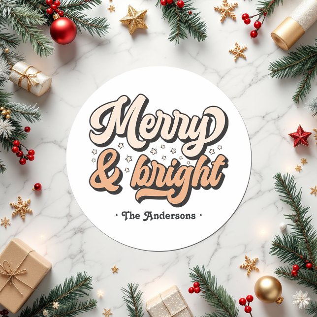 Retro Merry & Bright Holiday Custom Runder Aufkleber (Retro Merry & Bright Holiday Custom Classic Round Sticker)