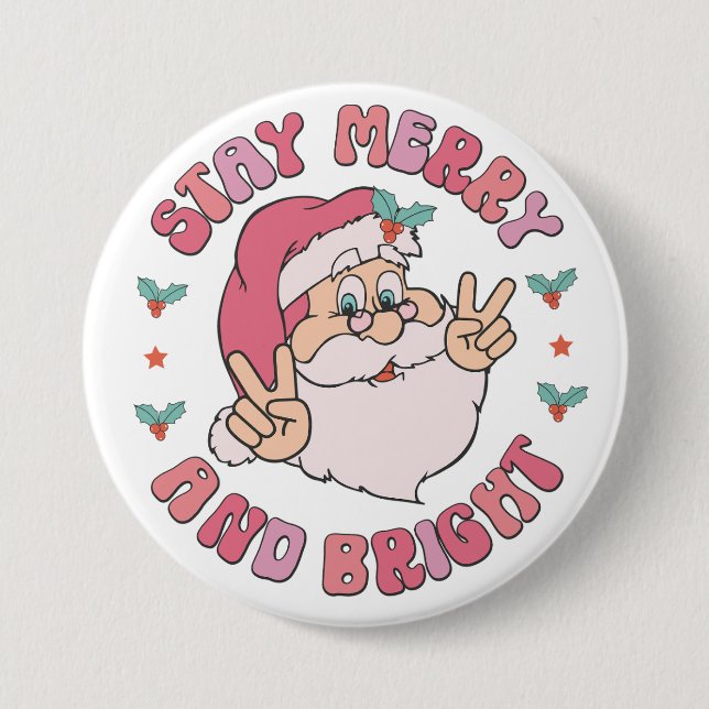 Retro Merry & Bright Santa Button (Vorderseite)