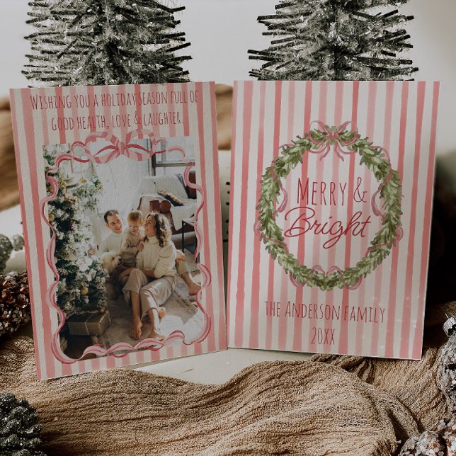 Retro Merry & Bright Streifen Weihnachtskranz Feiertagskarte (Von Creator hochgeladen)