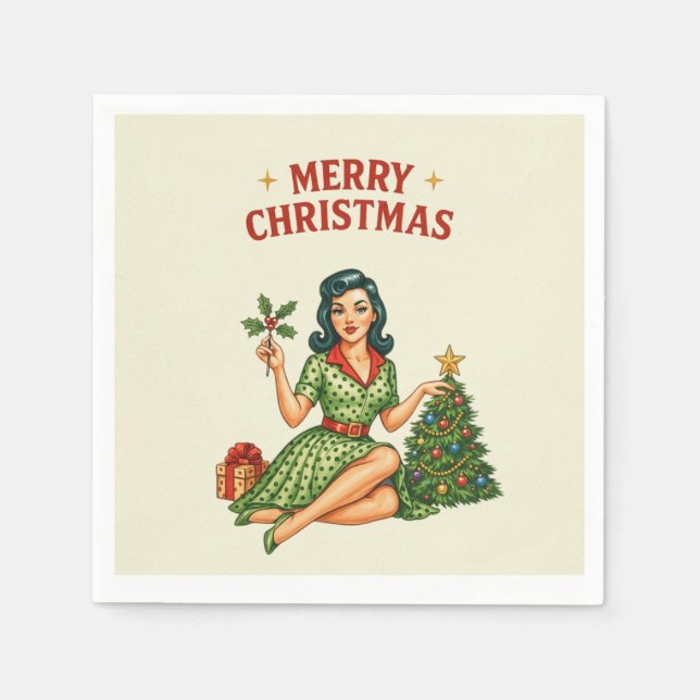 Retro Merry Christmas Pin-Up Paper Napkin  Serviette (Vorderseite)