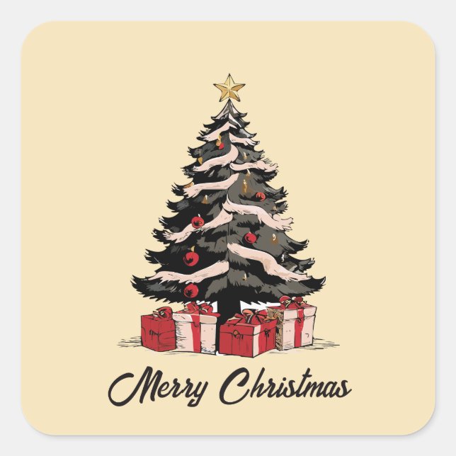 Retro Merry Christmas Tree Sticker (Vorderseite)
