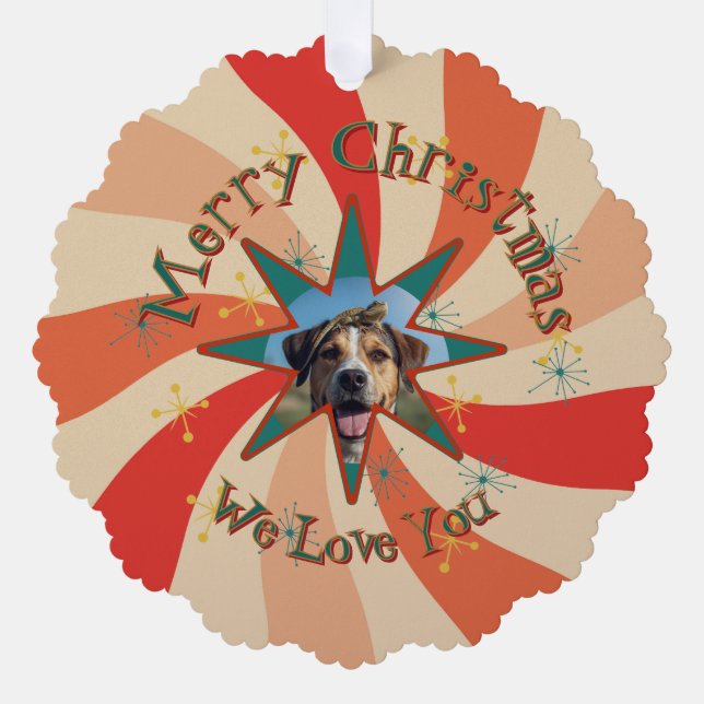 Retro Merry Christmas We Love You Pet Family Photo Ornament Karte (Vorderseite)