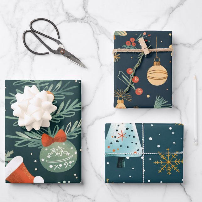 Retro Merry Little Ornament Wrap Geschenkpapier Set (Vorderseite)