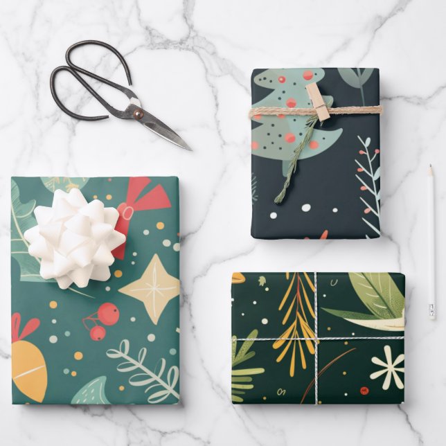 Retro Merry Little Ornament Wrap Geschenkpapier Set (Vorderseite)