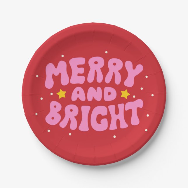 Retro Merry und Bright Holiday Design Pappteller (Vorderseite)