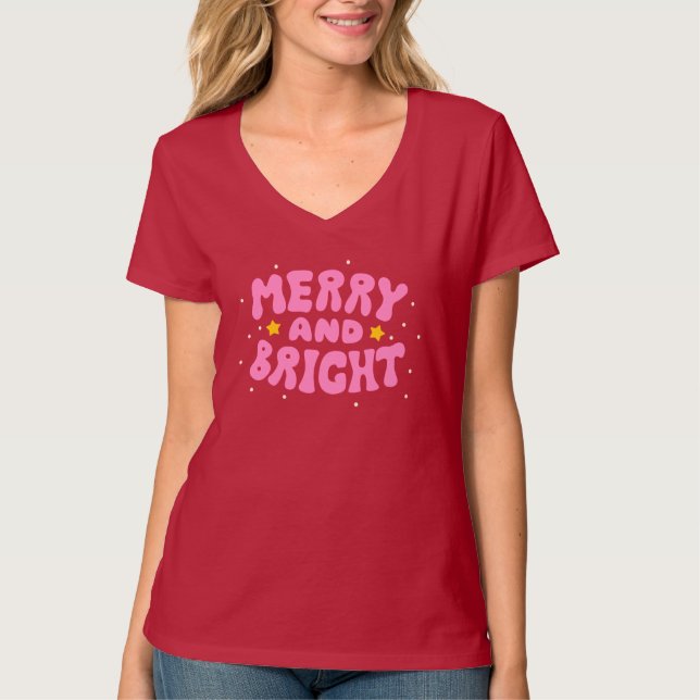 Retro Merry und Bright Holiday Design T-Shirt (Vorderseite)