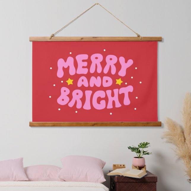 Retro Merry und Bright Holiday Design Wandteppich Mit Holzrahmen (Schlafzimmer)