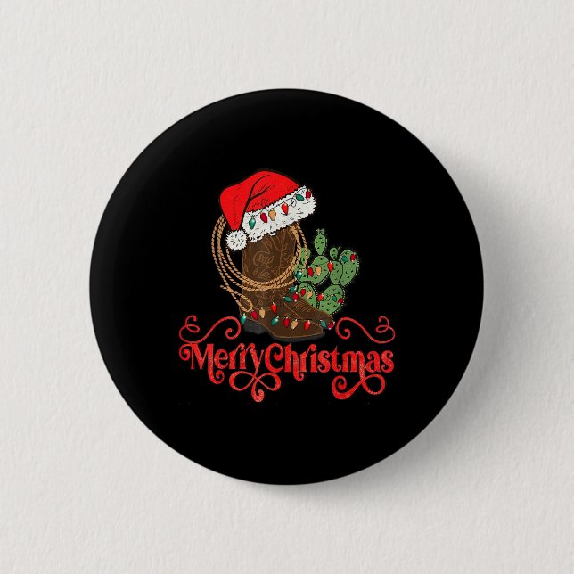 Retro Merry Xmas Weihnachtsmannmütze Cowboy Boots  Button (Vorderseite)