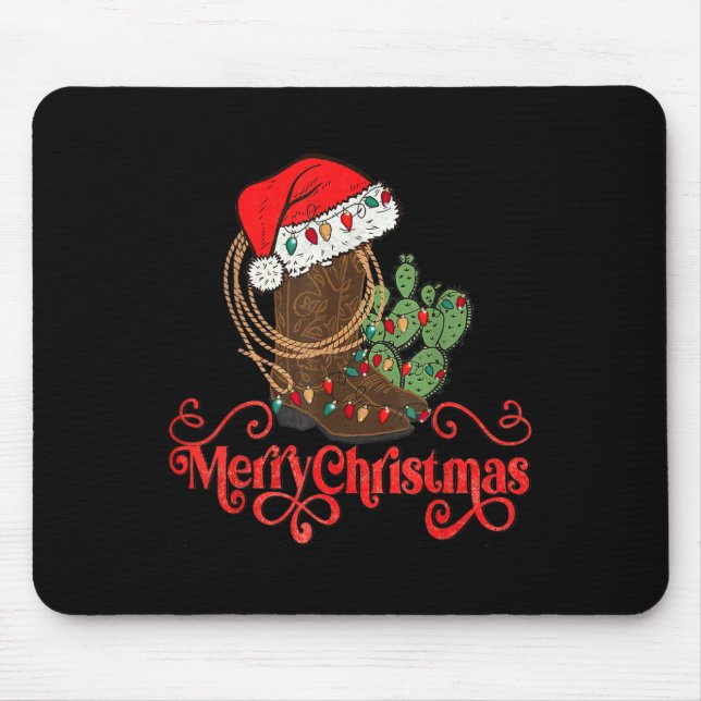 Retro Merry Xmas Weihnachtsmannmütze Cowboy Boots  Mousepad (Vorne)