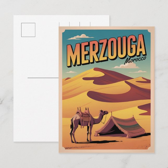 Retro Merzouga sahara camel ride morocco travel gi Postkarte (Vorne/Hinten)