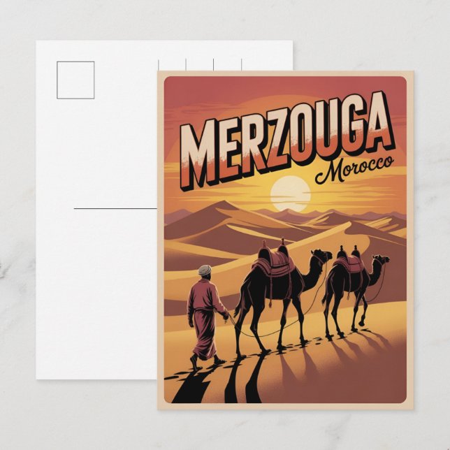 Retro Merzouga sahara camel ride morocco travel gi Postkarte (Vorne/Hinten)