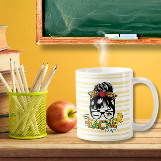 Retro Messy Bun Sonnenblumen Leopard Streifen Lehr Kaffeetasse